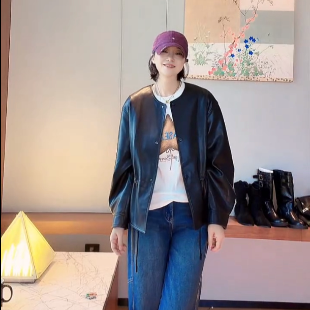 【U.M】圆领复古风绵羊皮皮衣抽绳显瘦真皮外套小个子酷飒