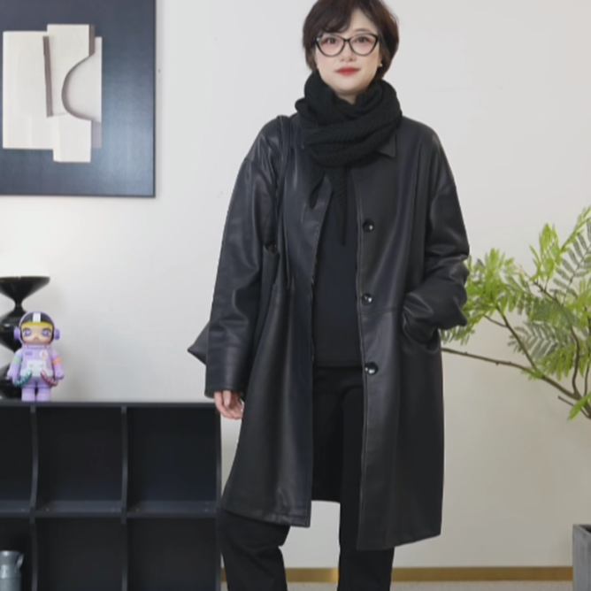 布莱顿画报羊皮中长款风衣外套