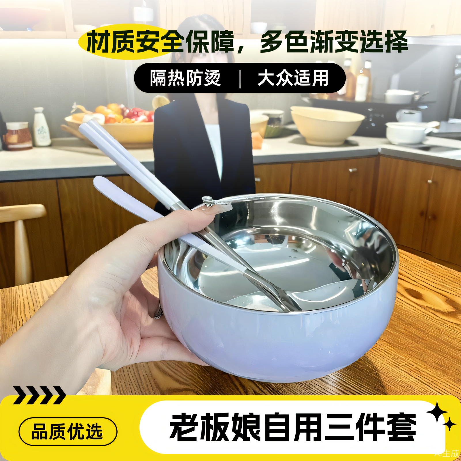 漂亮女士三件套304不锈钢吃饭碗家用一筷勺子渐变色个人专用套装