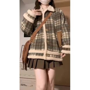 2025秋冬新款 小个子加厚保暖上衣 韩版 宽松显瘦格子毛呢外套女短款