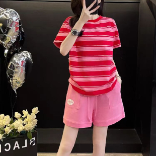 条纹2025休闲运动套装女新款夏季洋气大码减龄显高短袖短裤两件套