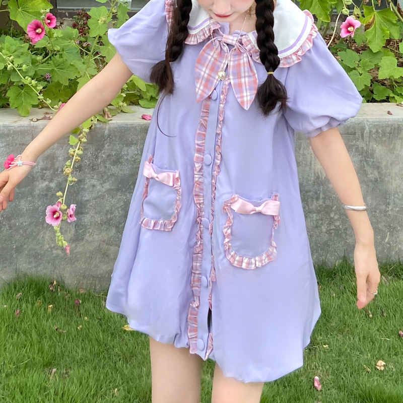 Flower girl ~ girl's feeling sweet purple lovely bow tie wood ear flower bud dress