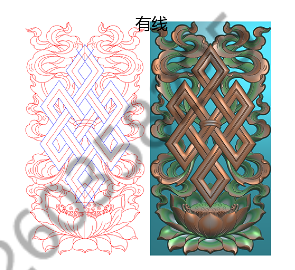 藏式八宝吉祥结莲花座带线精雕图 灰度图 中式雕刻图 jdp