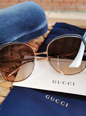 美国直邮代购 GUCCl 茶色镜片 金丝加大方框 宝蓝边 墨镜 58mm