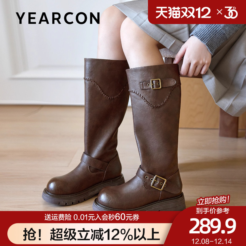 意尔康加绒高筒骑士靴女2025冬新款厚底小个子显瘦大筒围西部长靴