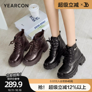 意尔康羊皮马丁靴女2025冬新款 小个子厚底英伦风复古短靴真皮女靴