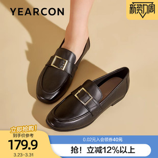 一脚蹬方扣懒人单鞋 春平底小皮鞋 女真皮2026款 意尔康英伦乐福鞋