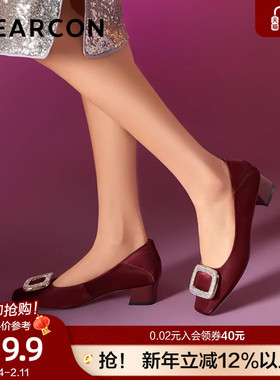 意尔康水钻法式气质高跟鞋女2025新款红色粗跟方头真皮单鞋妈妈鞋