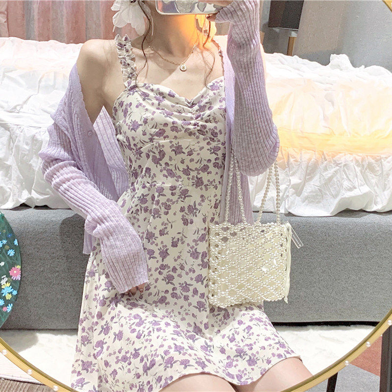 碎花小个子甜美显瘦别致初恋吊带连衣裙女春夏绝美小裙子两件套装