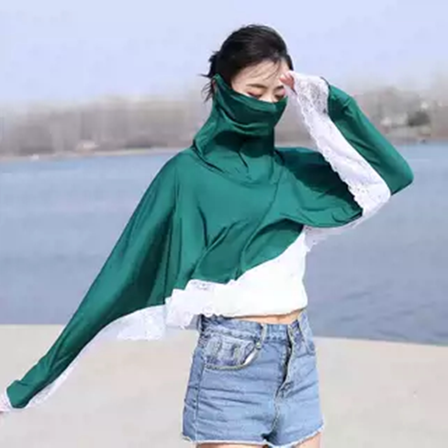 防晒衣女夏开车骑行防紫外线护脸护颈户外骑车遮阳防晒披肩蕾丝