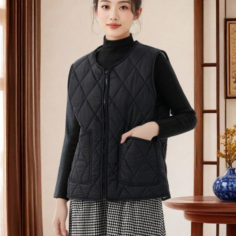 秋冬夹棉马甲护胸暖背轻薄保暖坎肩圆领内搭背心女