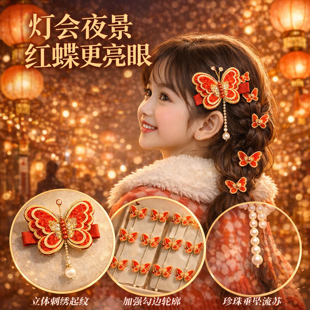 春夏女发夹儿童发饰红色蝴蝶发夹珍珠流苏宝宝新中式刺绣头饰边夹