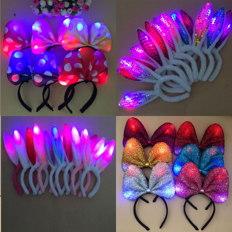 万圣节 发光兔耳朵发箍 闪光毛绒兔耳朵头箍 兔女郎发光头饰