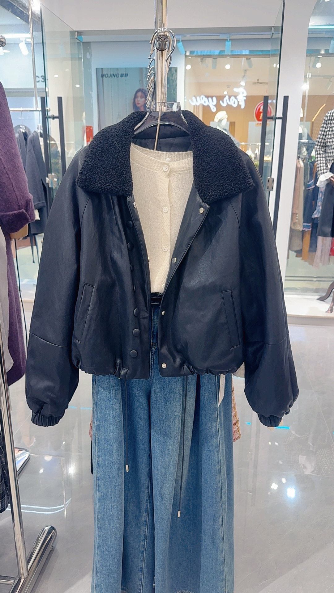 韩系高端植物蛋白皮衣女短款夹棉加厚机车服羊羔毛领保暖洋气外套