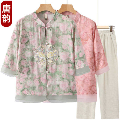 新中式妈妈夏装洋气衬衫新款奶奶绣花中袖夏季套装中老年国风上衣