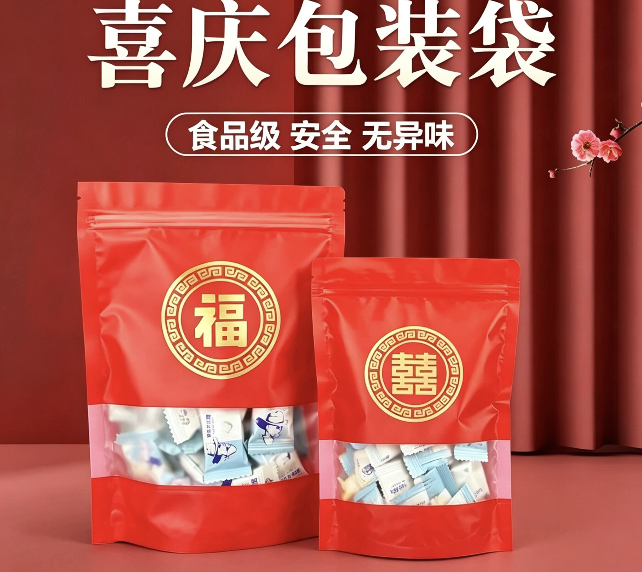 结婚礼品袋喜糖袋双喜红色包装袋喜字婚庆糖果喜饼自封密封自立袋图片