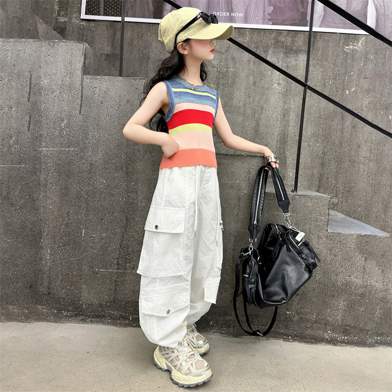 女童夏季套装工装裤酷飒风2025新款儿童韩系百搭女孩大童洋气阔腿