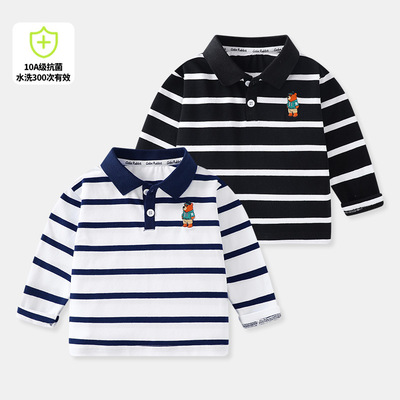帅气黑白条纹男童长袖POLO衫春游出行休闲T恤翻领长袖儿童T恤