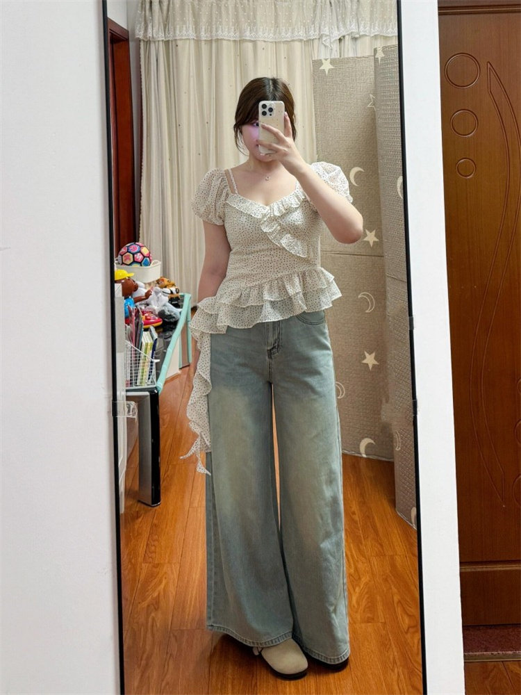 플러스 사이즈 지방 MM 여름 패션 새로운 불규칙한 프릴 반팔 여성의 살을 덮는 물방울 무늬 디자인 짧은 셔츠