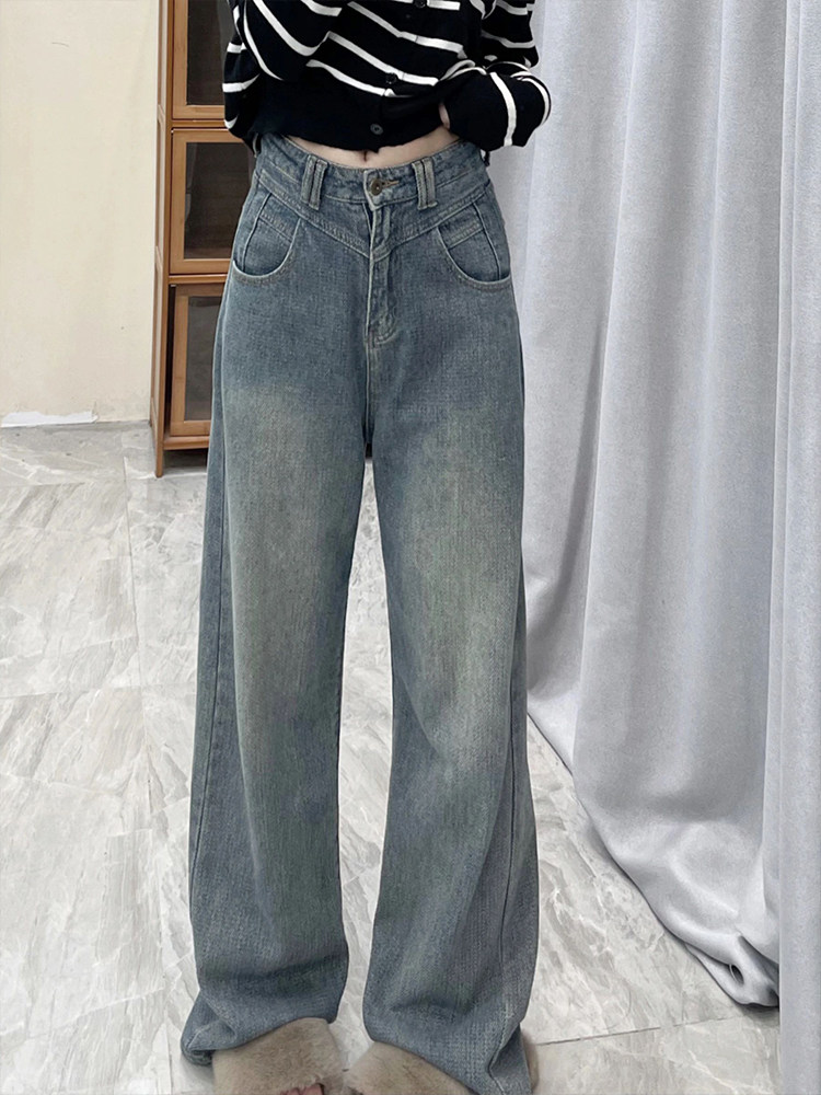 2024 가을 겨울 여성용 대형 통통 MM 미국 하이 스트리트 와이드 청바지 신상 별하늘 패턴 스트레이트 슬림 팬츠