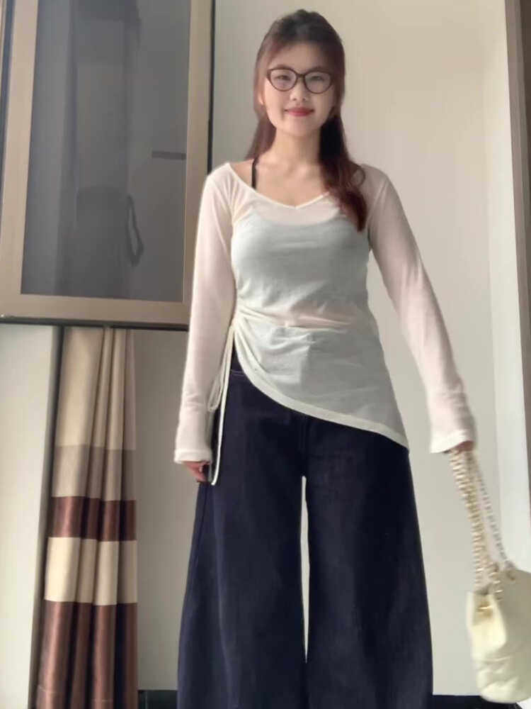 대형 지방 MM 2024 얇은 긴팔 여름 자외선 차단 마이크로 투명 슬림 핫 소녀 불규칙한 바닥 셔츠 탑