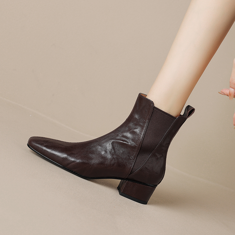 美拉德风瘦瘦短靴粗跟松紧带真皮