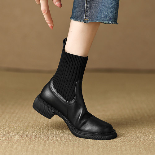 低跟平底切尔西短靴圆头里外全皮