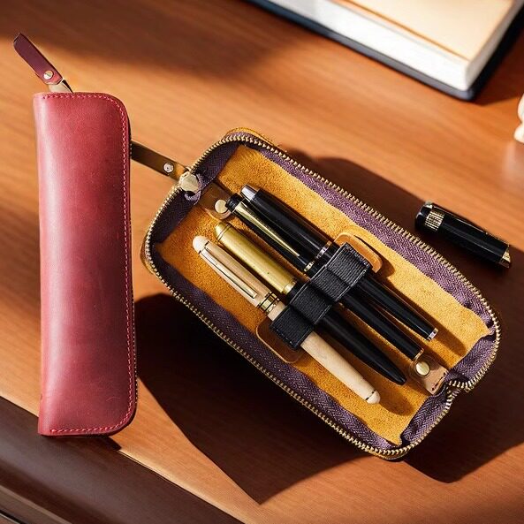 简约牛皮笔袋男钢笔保护套小巧文具袋女学生耐磨定制多功能收纳袋