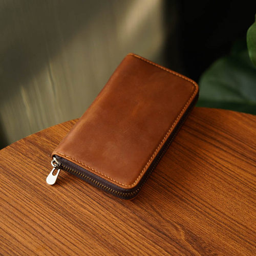 头层牛皮拉链笔袋大容量简约真皮