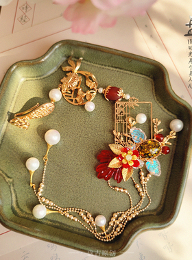 原创古风红色系国风锦鲤汉服腰佩禁步旗袍压襟珍珠金鱼长流苏挂坠