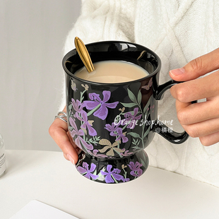 复古手绘陶瓷马克杯家用大容量喝水杯女士高颜值咖啡杯拿铁杯轻奢