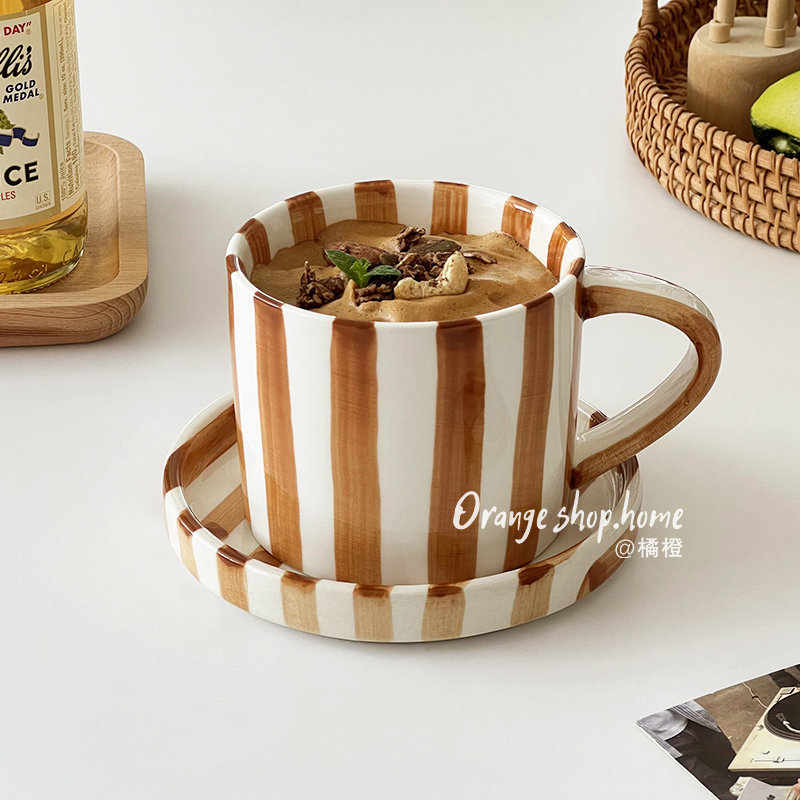 ins风中古手绘棕色条纹陶瓷杯碟休闲下午茶杯碟美式咖啡杯碟水杯,餐饮具,咖啡杯,淘宝优惠券,粉丝福利购,淘宝优惠卷