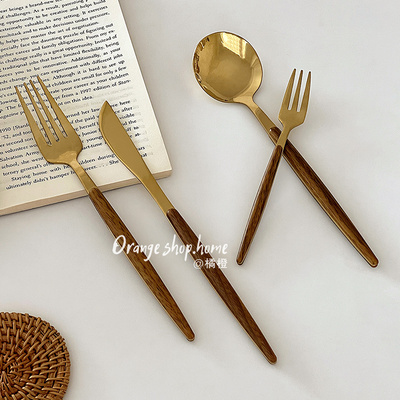 复古仿黑胡桃木柄金刀叉勺网红