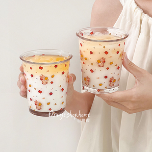 橘橙玻璃杯水杯家用反口杯女龙年欢聚水杯超萌奶茶杯牛奶杯咖啡杯