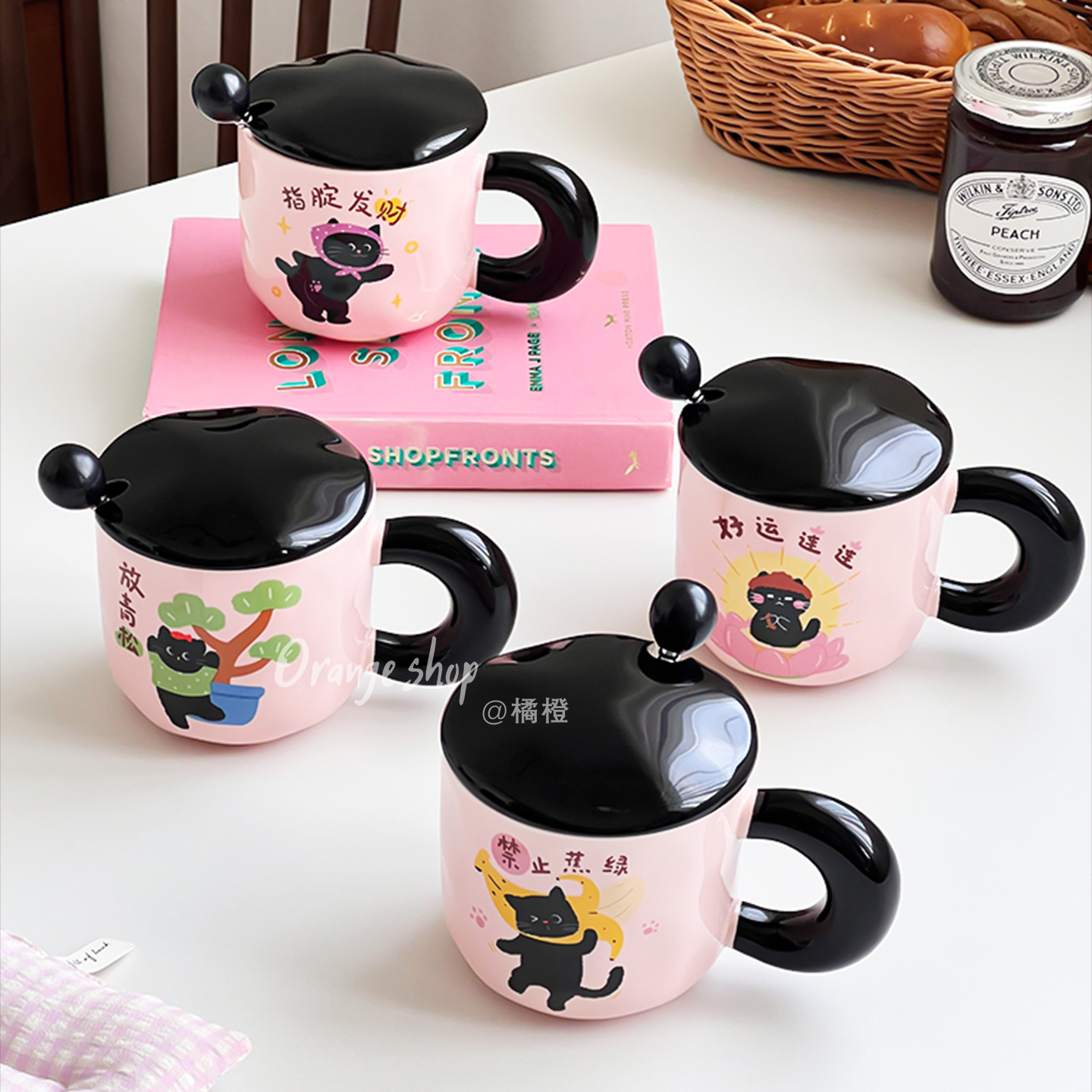 橘橙可爱陶瓷马克杯大容量卡通萌猫带盖勺喝水杯子早餐杯情侣杯