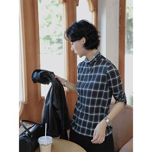 TT设计师【野蔷薇】长绒棉高领格子打底衫内搭秋季新款长袖T恤女