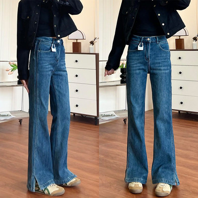 深蓝色开叉微喇牛仔裤女
