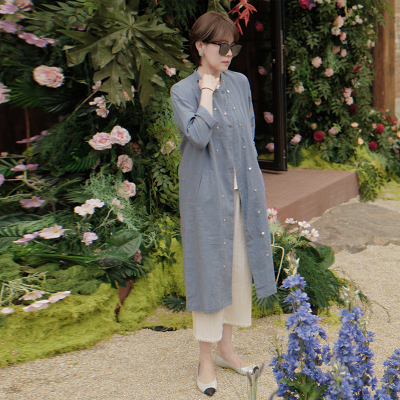 苎麻简约纯色中长A字排扣连衣裙