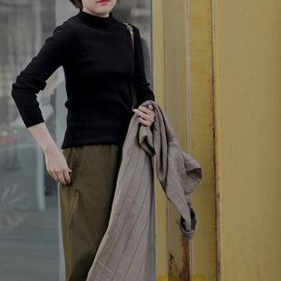 【恍然】黑桃园细棉纱线细纹全棉打底衫简约显瘦针织衫女春 T163