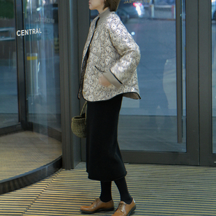 斜纹印花棉填充棉服外套单排扣圆领简约宽松外套女T289 新年好