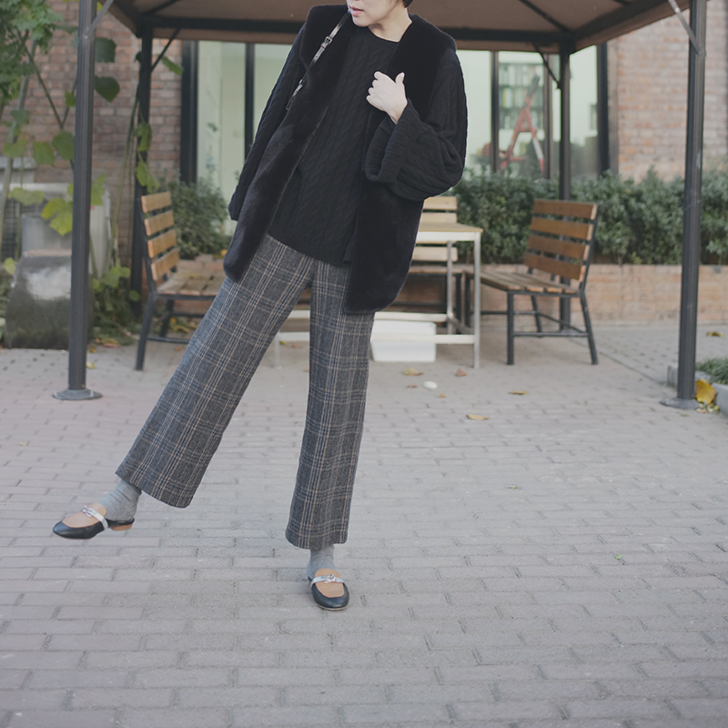 冬眠桃园微喇松紧腰加厚款格纹