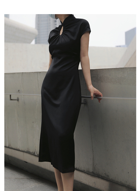 新中式改良旗袍修身短袖包臀性感礼服国风连衣裙女复古气质小黑裙