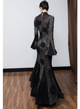 新中式修身气质名媛显瘦长袖性感黑色长款步步生莲鱼尾连衣裙宴会