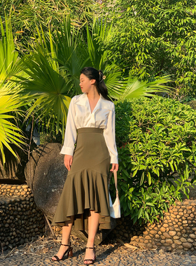 2023春夏法式复古高腰不规则荷叶边设计感中长款包臀鱼尾半身裙女