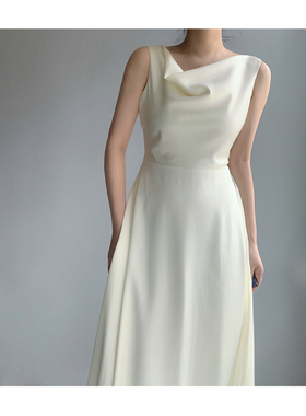 2022小众设计高级感法式复古荡领气质通勤显瘦长款大摆连衣裙女夏