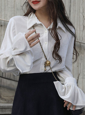 2023春夏法式复古ol设计感小众荷叶边长袖宽松直筒港味衬衫上衣女