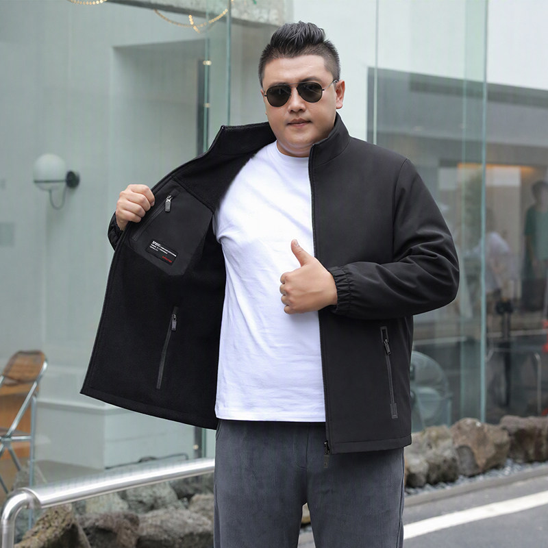大码男装立领夹克宽松加绒加厚300斤休闲工装双面穿外套防水保暖