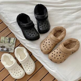 2025新款秋冬季加绒洞洞鞋防滑防臭可拆男士女款大码保暖棉拖鞋