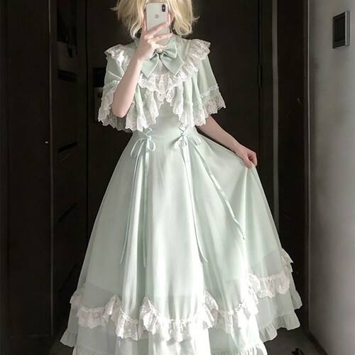 青苹果绿法式Lolita优雅新款蕾丝夏季甜美斗篷连衣裙系带收腰长裙