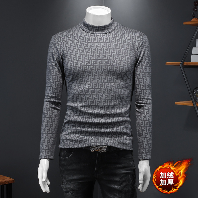 新款秋冬男装高领加绒加厚长袖T恤钱塘6016-C3302-P95灰,男装T恤,钱塘6016